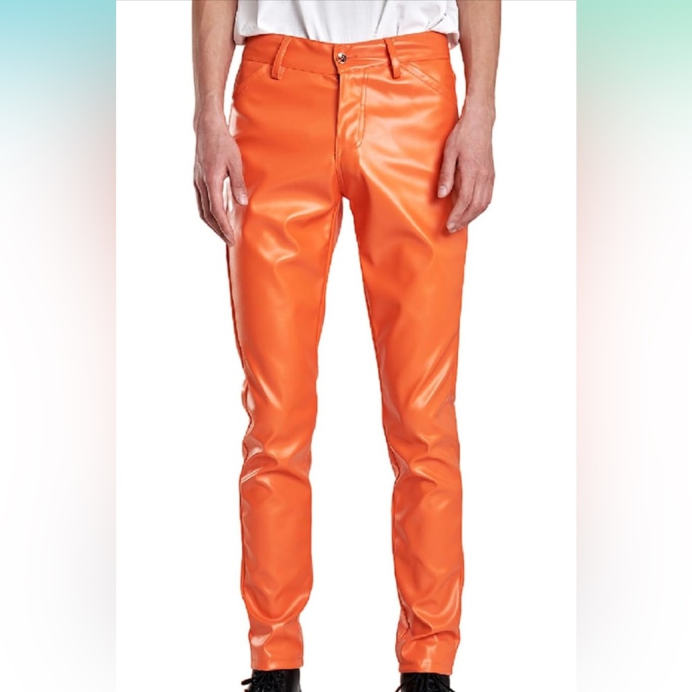 Mens shiny wet faux leather pants.